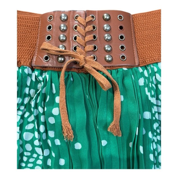 Magic Green Maxi Skirt Pleated High Waist Brown Belted Snake Print Size Medium - Picture 5 of 9